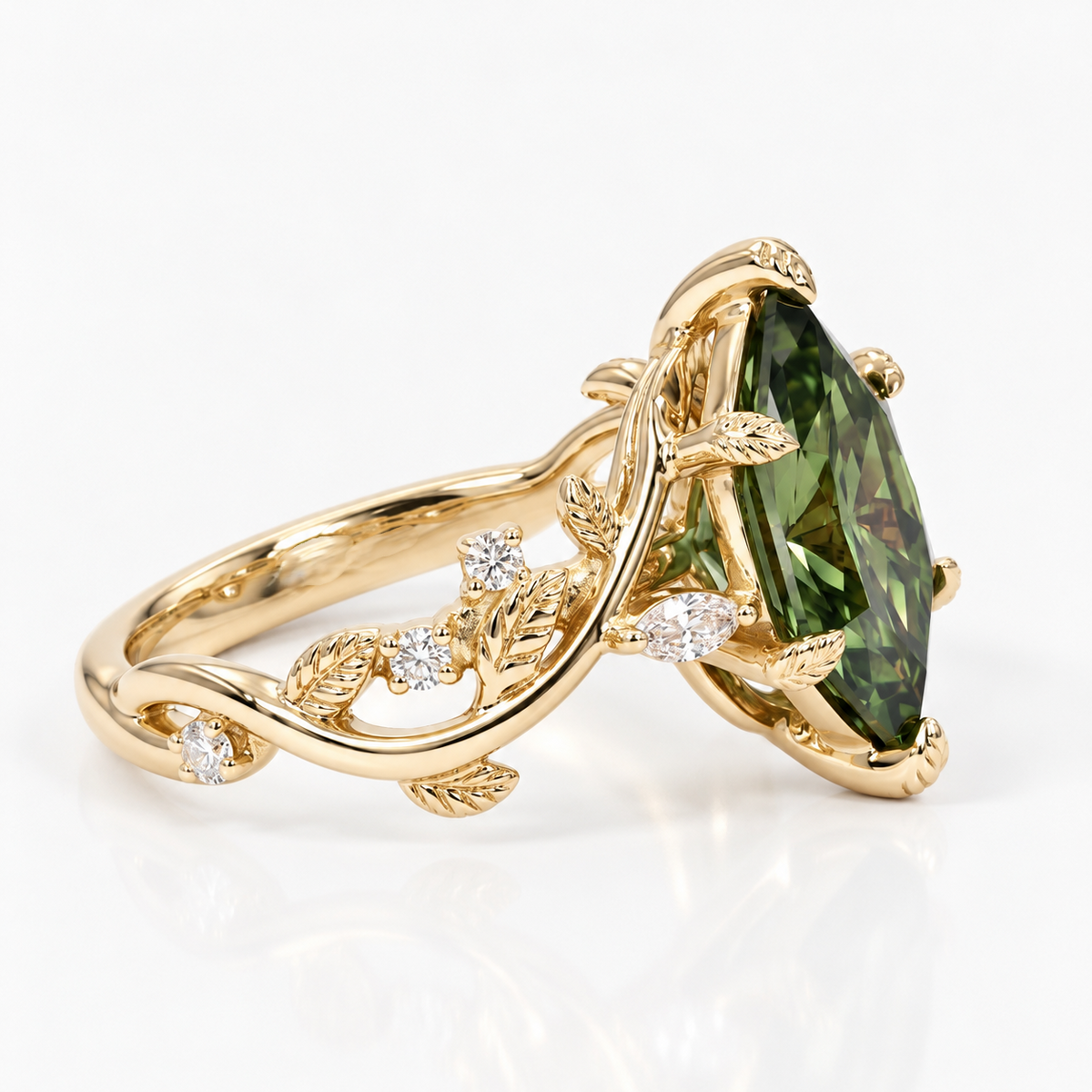 Lab Grown Diamond Green Dutch Marquise Cut with Marquise & Round Diamond Side Accents in Nature-Inspired Band Engagement Ring IGI Certified in 14K Rose Gold