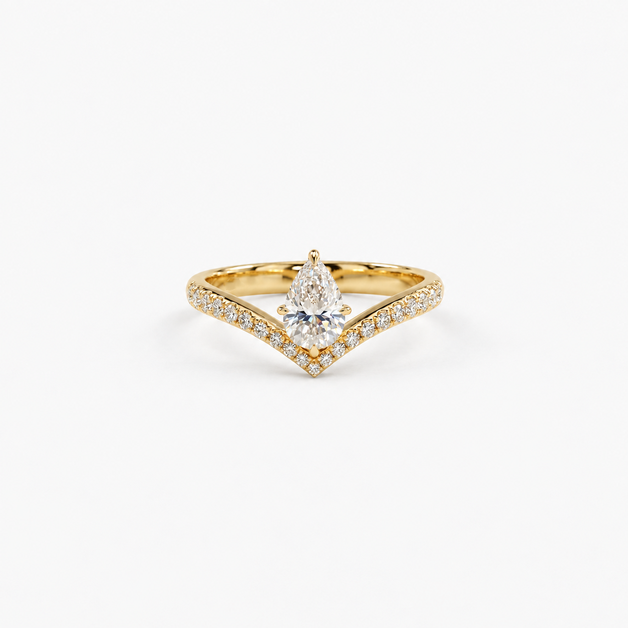 Lab Grown Diamond Pear Cut Pave Chevron V-Band Engagement Ring IGI Certified in 14K Yellow Gold
