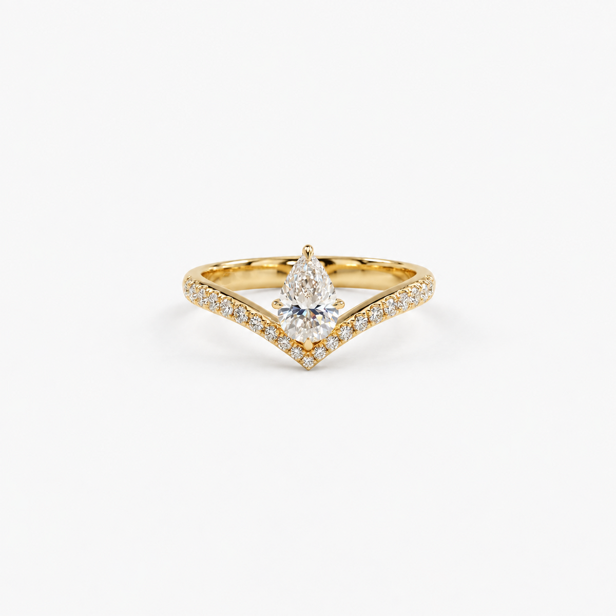 Lab Grown Diamond Pear Cut Pave Chevron V-Band Engagement Ring IGI Certified in 14K Yellow Gold