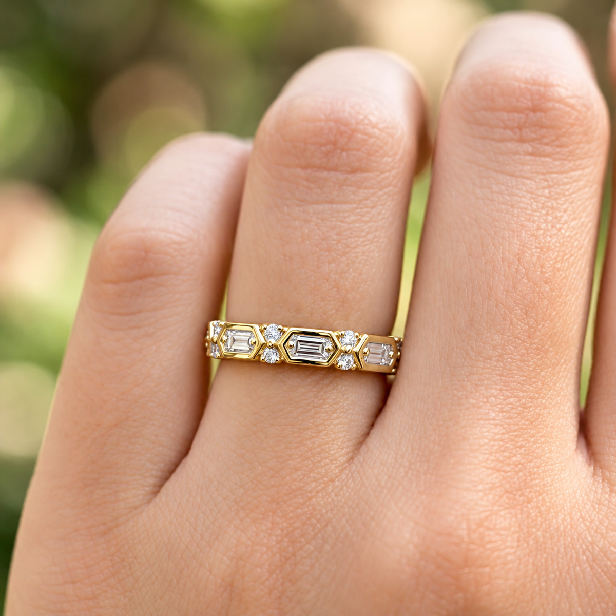 Lab Grown Diamond Geometric Hexagon Baguette Eternity Band Ring in White Gold