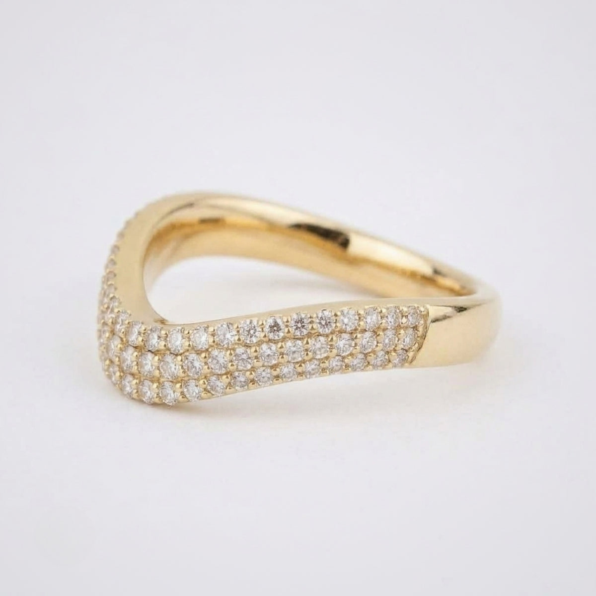 Lab Grown Diamond Triple Row Pave V Shaped Chevron Band Ring in 14K Yellow Gold