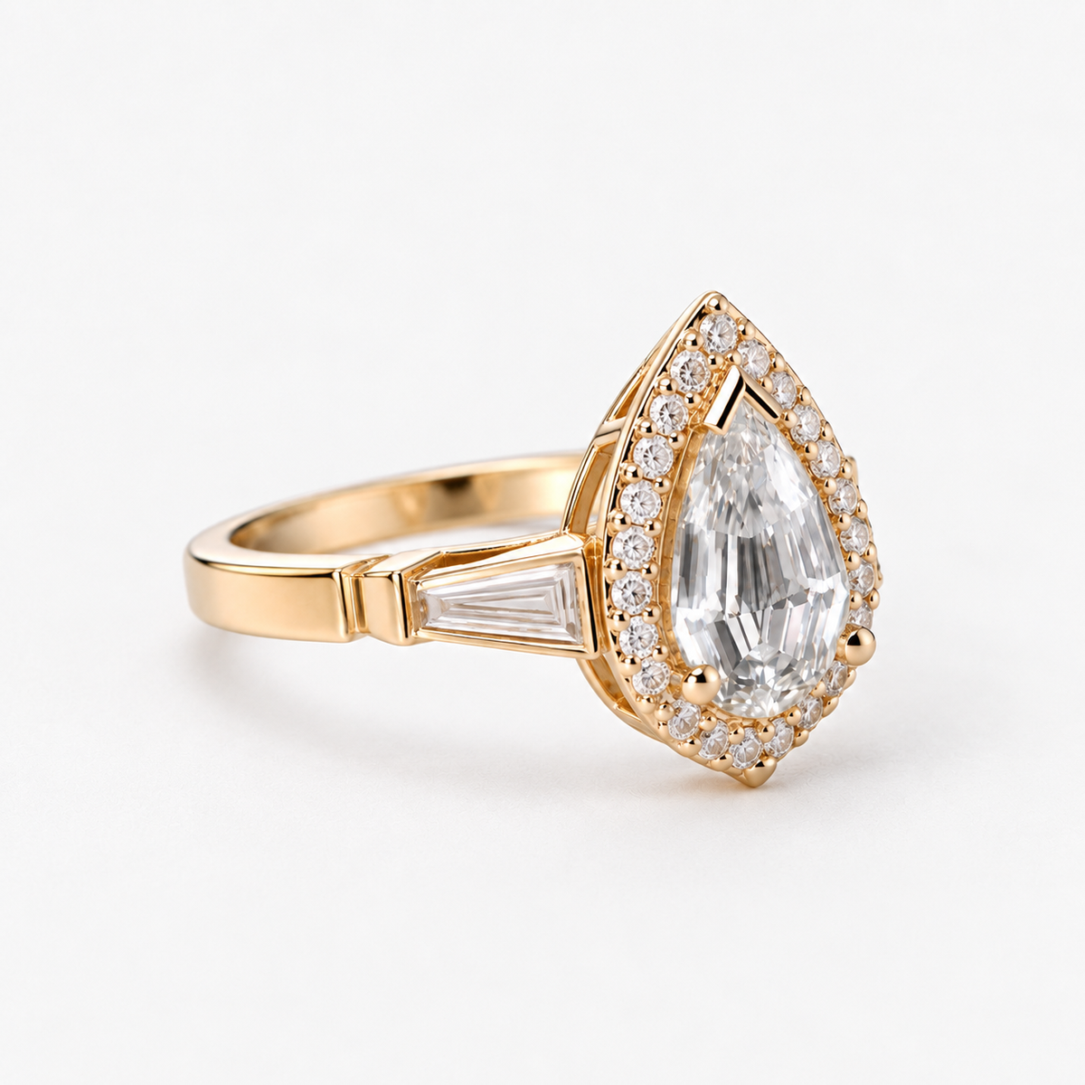 Lab Grown Diamond Pear Step Cut Micro-Pavé Halo Three-Stone Tapered Baguette Side Accent Engagement Ring IGI Certified in 14K Yellow Gold