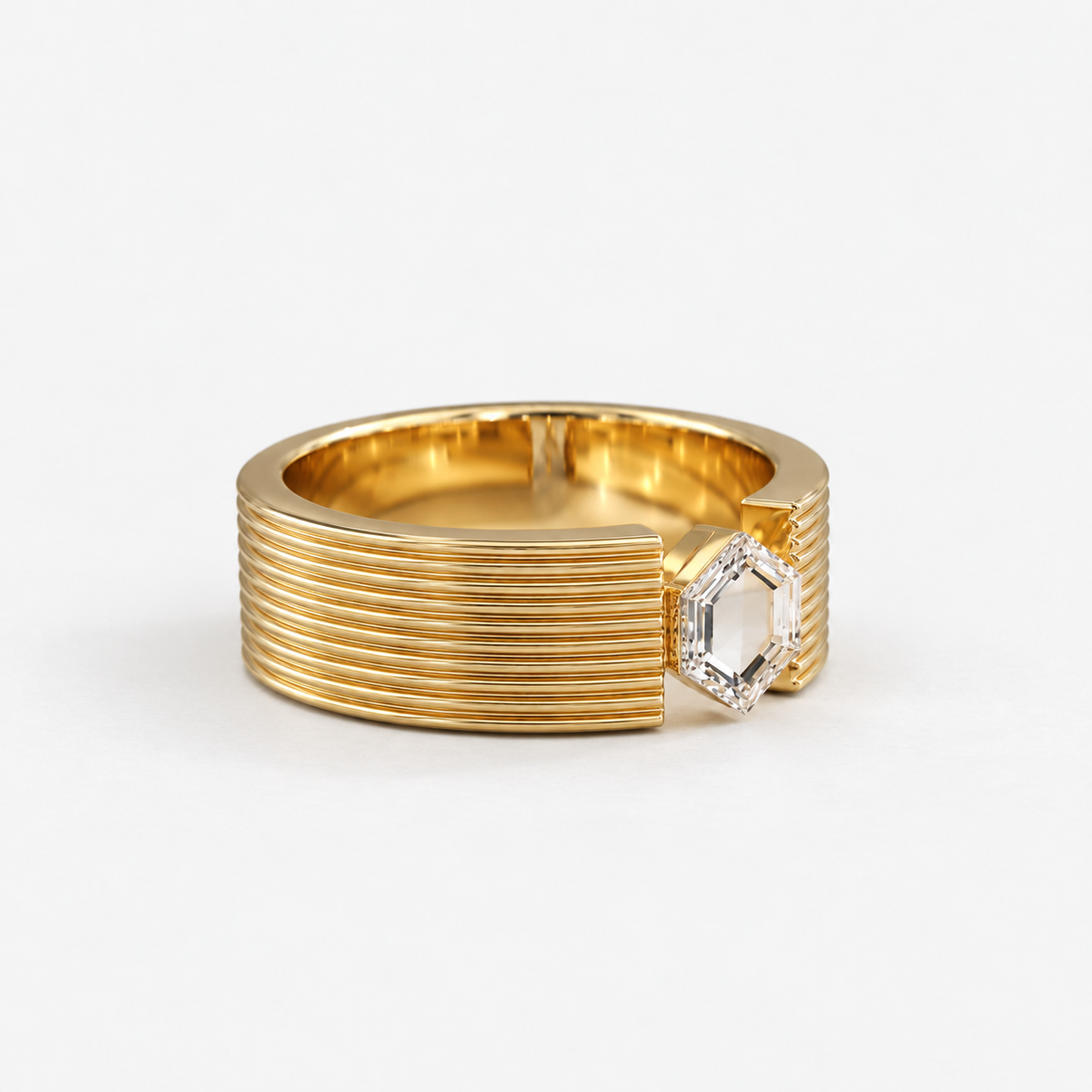 Lab Grown Diamond Hexagon Shaped  Portrait Cut Lab Grown Diamond Statement Ring with Wide Ribbed Cigar Band in 14K Yellow Gold