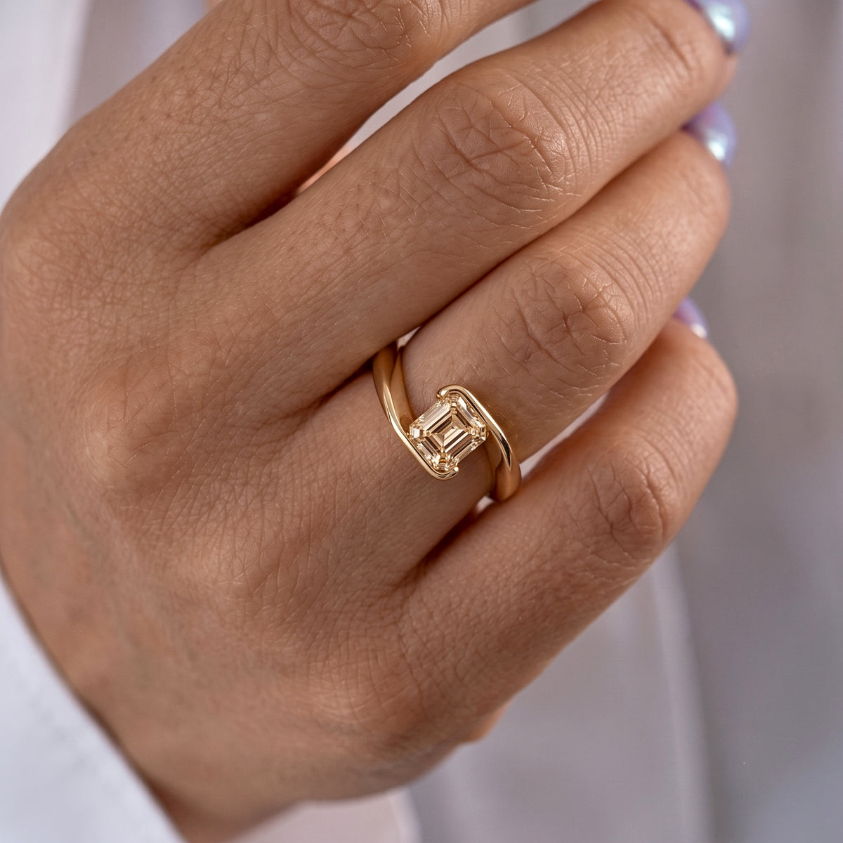 Lab Grown Diamond Asscher Cut Champagne Solitaire Engagement Ring with Sculptural Bypass Band IGI Certified in 14K Yellow Gold (Copy)