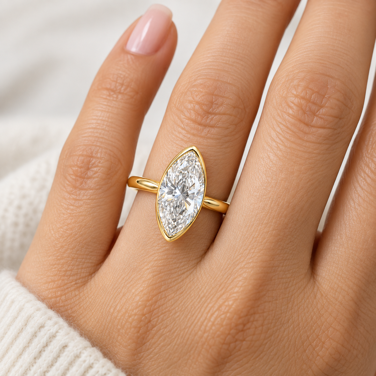 Lab Grown Diamond Moval Cut Modified Brilliant Cut Bezel Solitaire Engagement Ring IGI Certified in 14K Yellow Gold