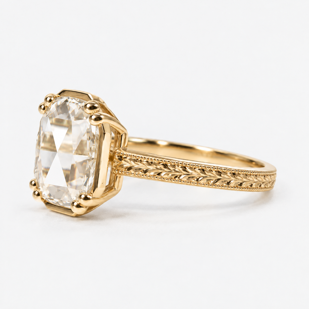 Lab Grown Diamond Elongated Cushion Portrait Cut Lab Grown Diamond Vintage Solitaire Engagement Ring with Ornate Leaf Engraved Band, Milgrain Detailing and Decorative Prong Setting in 14K Yellow Gold