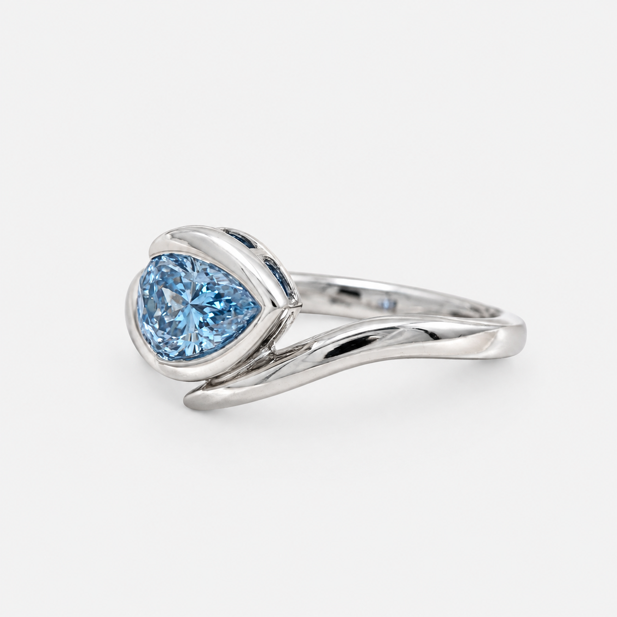 Lab Grown Diamond Fancy Vivid Blue Pear Cut Angled Bypass Wrap Half Bezel Solitaire Engagement Ring IGI Certified in 14K Yellow Gold