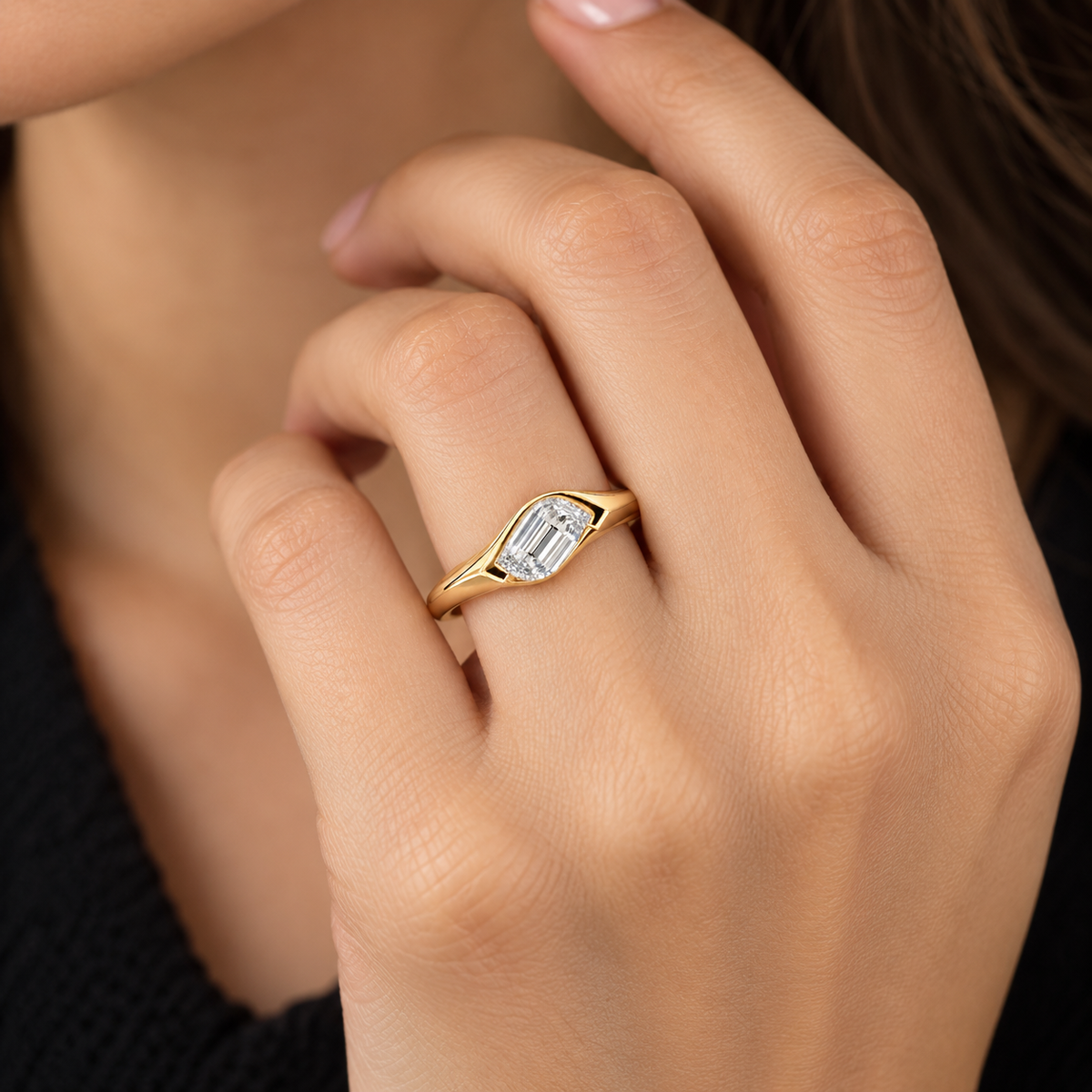 Lab   Grown Diamond Flame Cut Bypass Bezel Engagement Ring IGI Certified in 14K   Yellow Gold