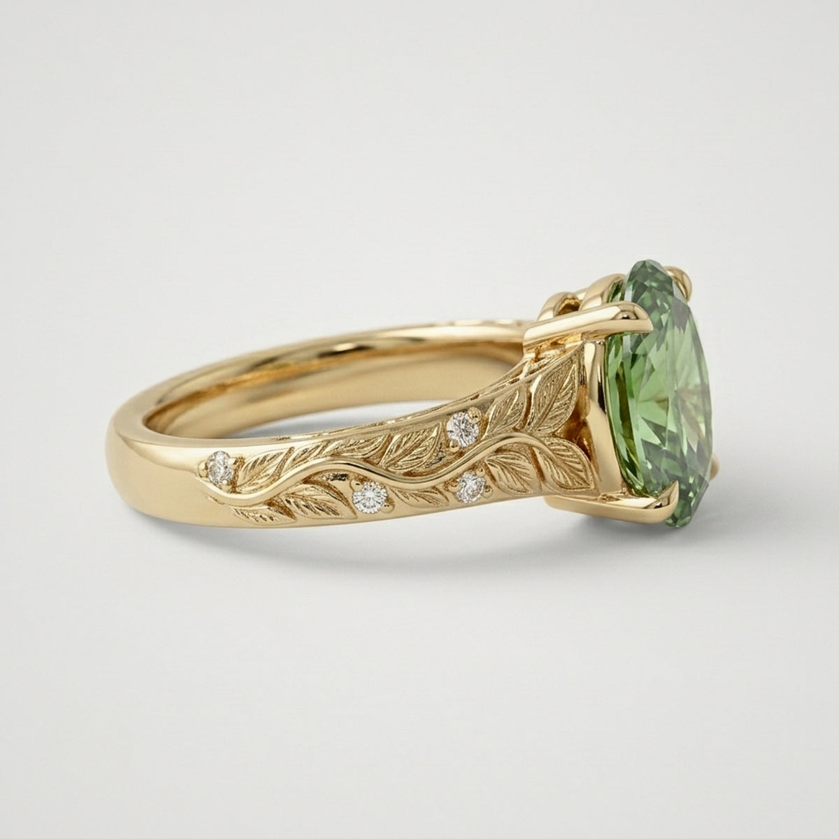 Lab Grown Diamond Oval Cut Green Diamond Nature-Inspired Leaf Engraved Vine Band Engagement Ring IGI Certified in 14K Yellow Gold