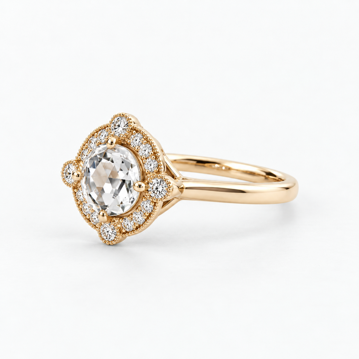 Lab Grown Diamond Round Rose Cut Vintage Milgrain Beaded Geometric Starburst Halo Engagement Ring IGI Certified in 14K Yellow Gold