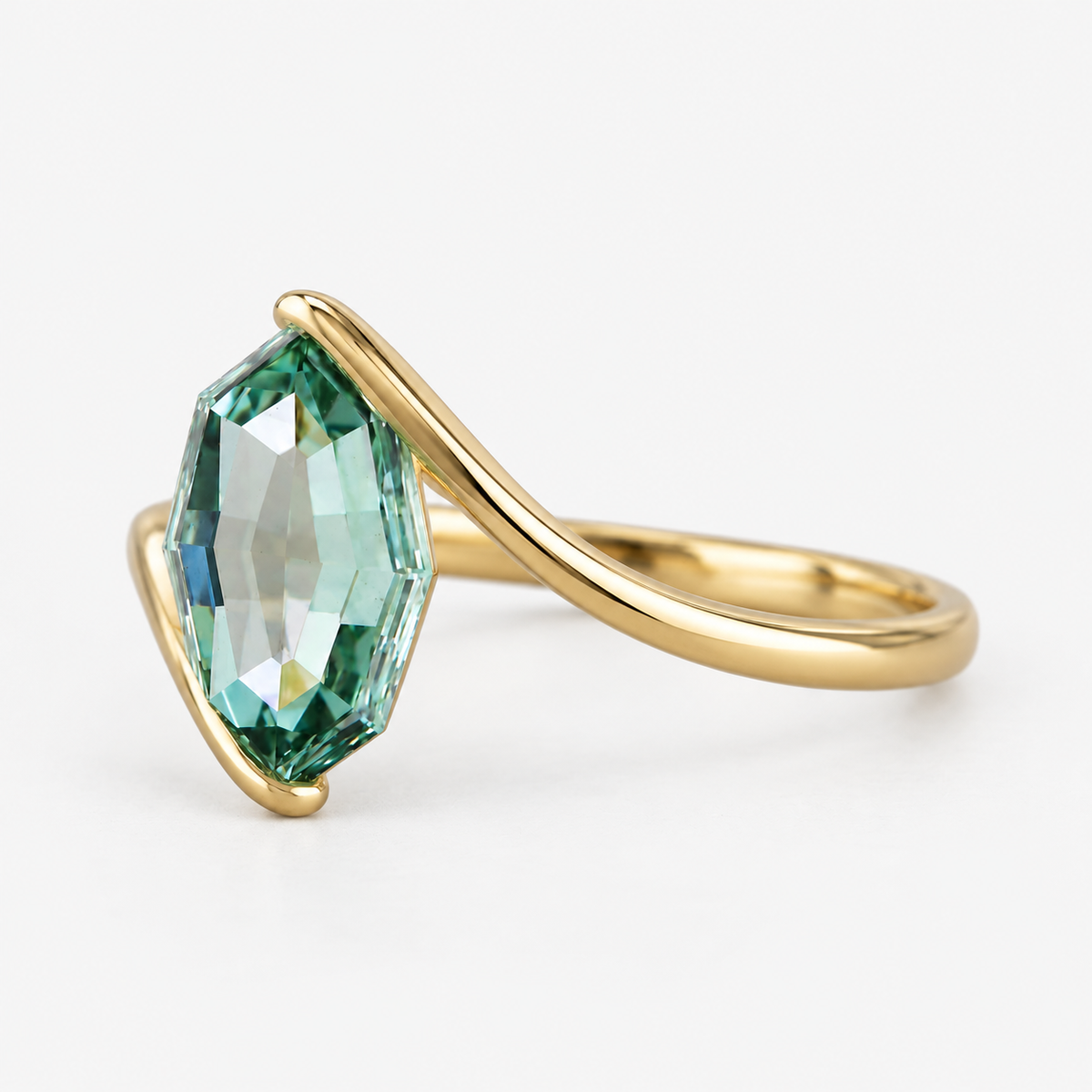 Step Cut Marquise Green Lab Grown Diamond Bypass Solitaire Engagement Ring in 14K Yellow Gold