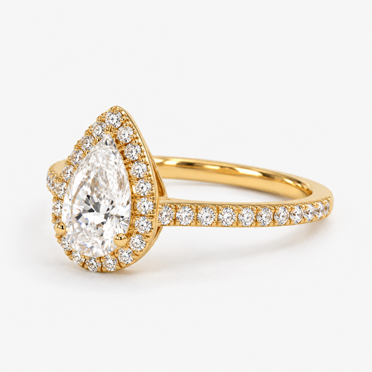 Pear Cut Halo Lab Grown Diamond Engagement Ring with Pavé Band in 14K Yellow Gold