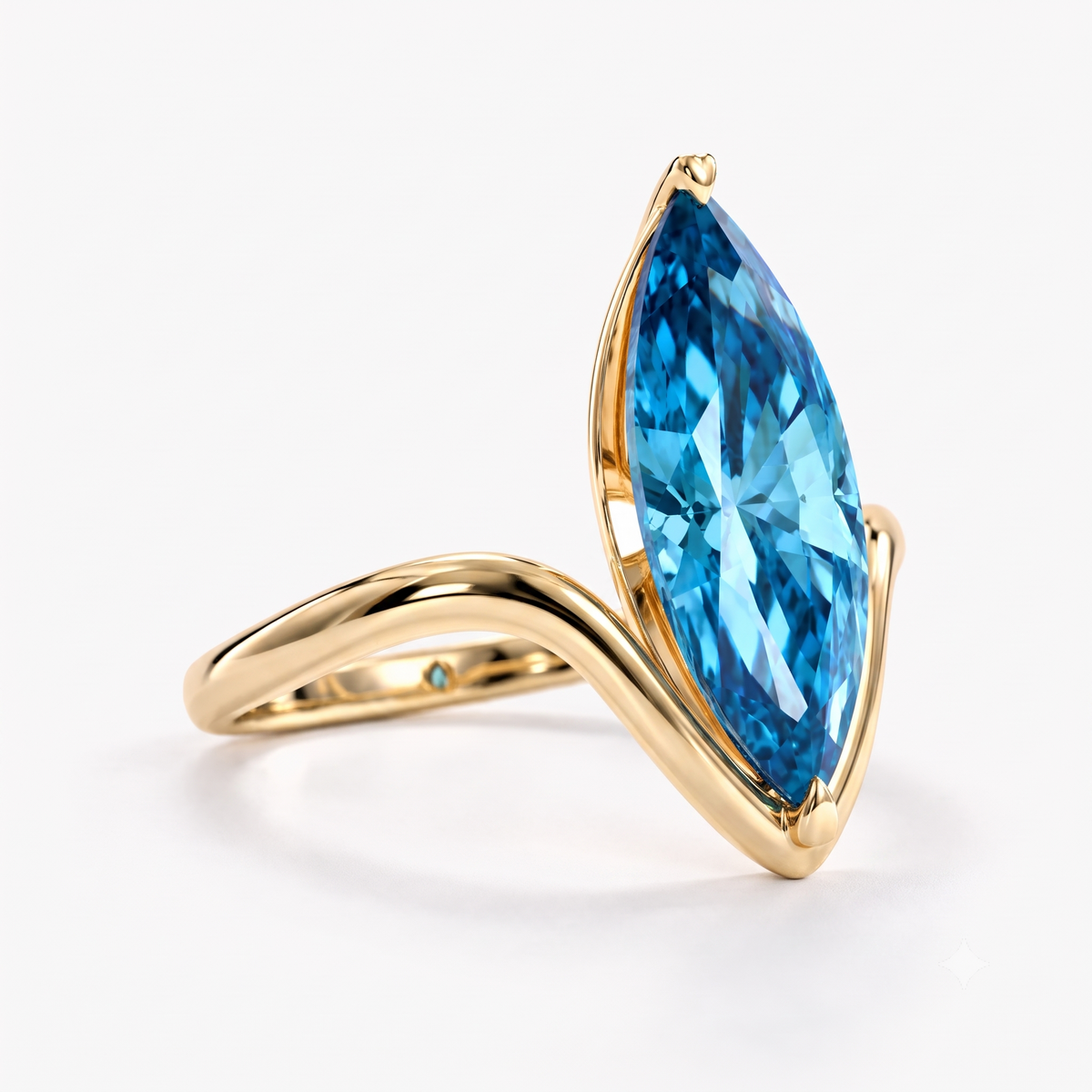 Lab Grown Diamond Fancy Blue Marquise Cut Curved Chevron Pavé Band Engagement Ring IGI Certified in 14K Yellow Gold