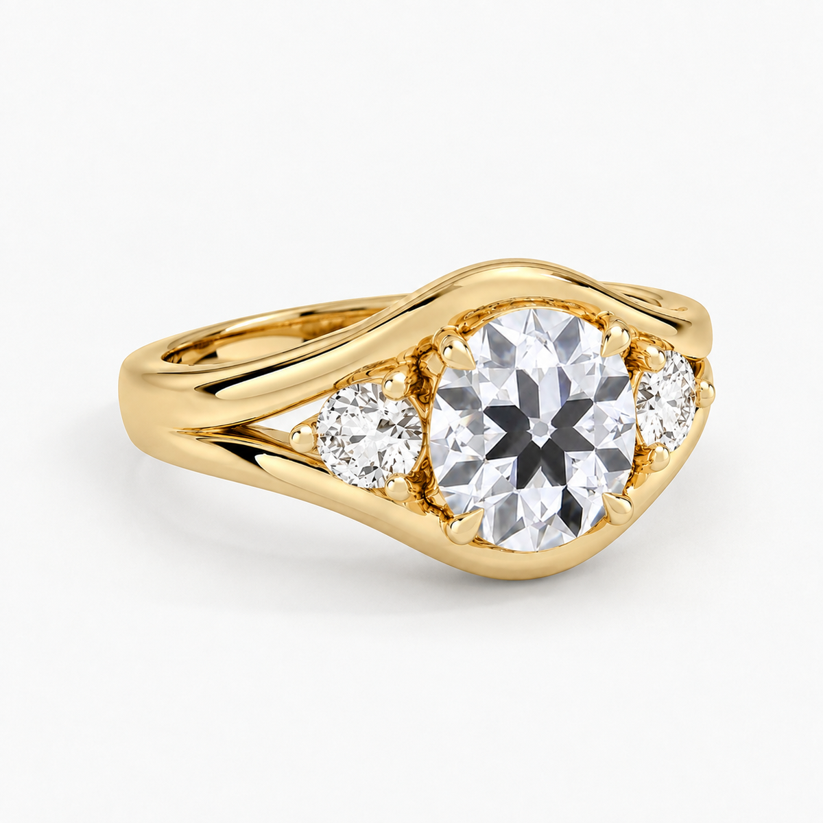 Lab Grown Diamond Round Old European Cut Three-Stone Contour Band Engagement Ring IGI Certified in 14K Yellow Gold