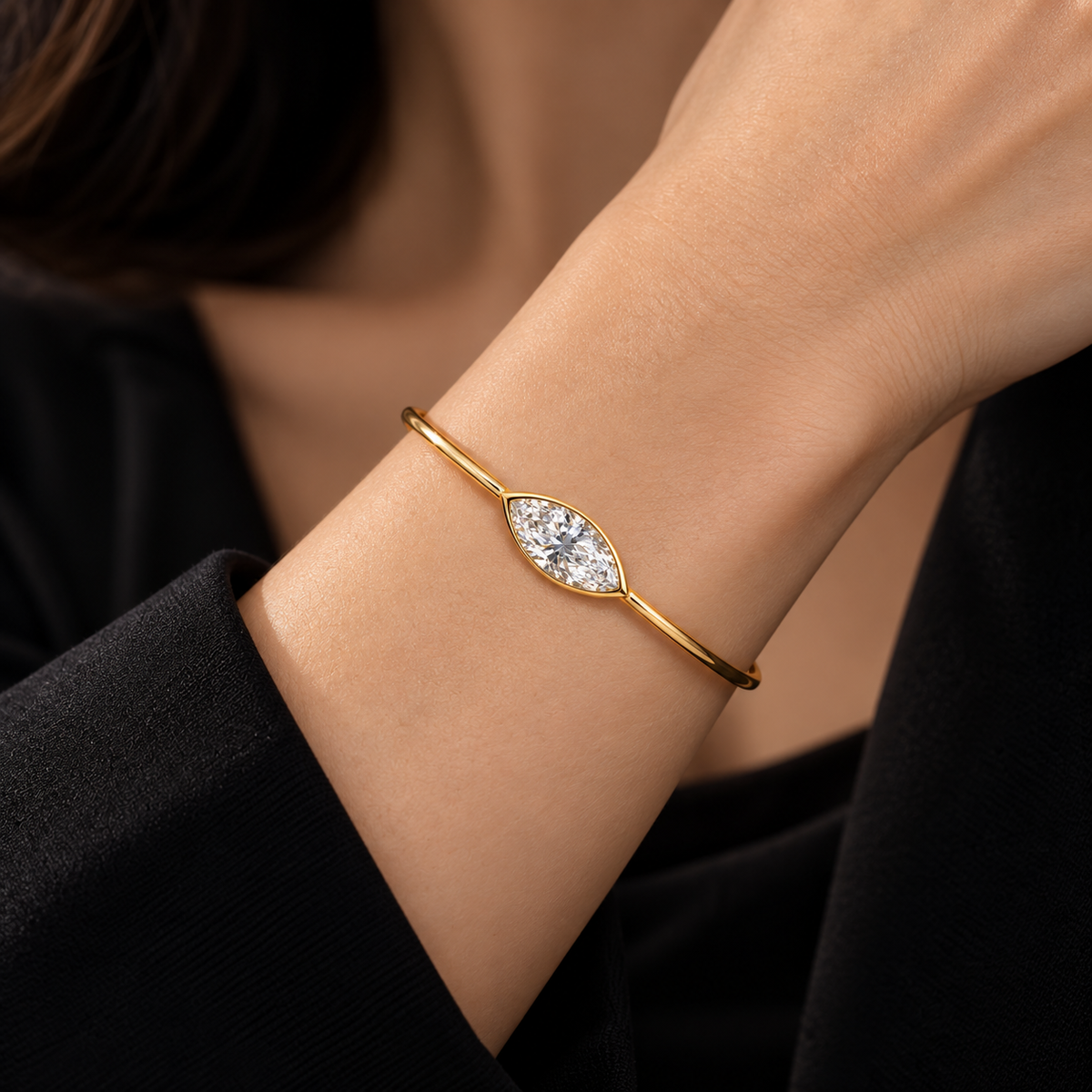 Lab Grown Diamond Marquise Cut East-West Full Bezel Rigid Bangle Bracelet IGI Certified in 14K Yellow Gold