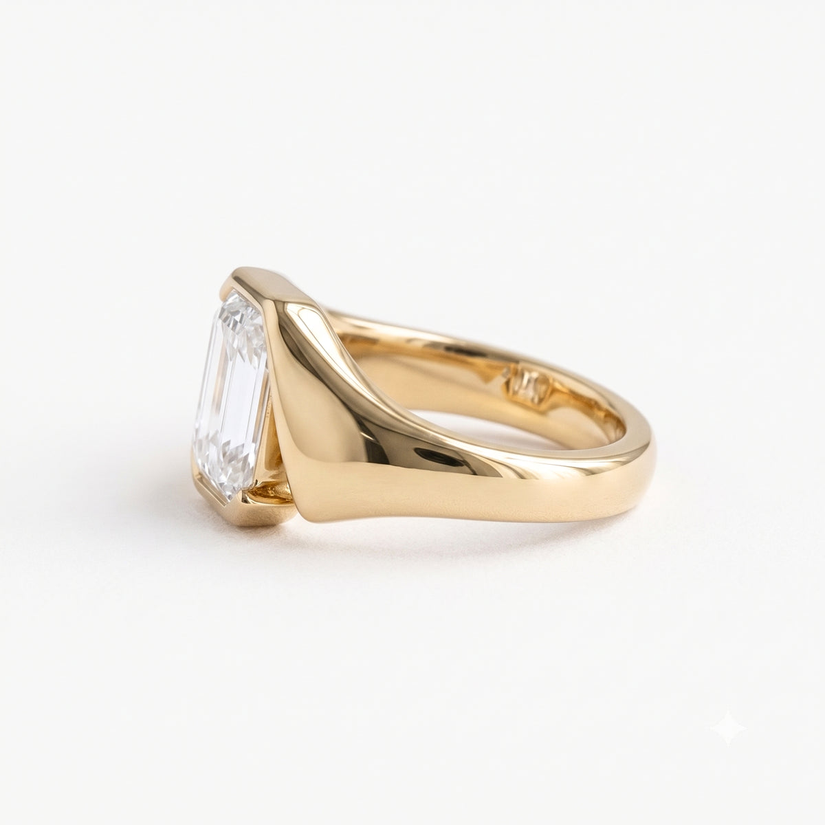 Lab Grown Diamond Emerald Cut Sculptural Bezel Bypass Engagement Ring IGI Certified in 14K Yellow Gold