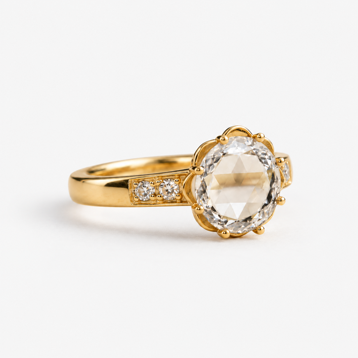 Lab Grown Diamond Round Rose Portrait Cut Lab Grown Diamond Vintage Floral Prong Set Engagement Ring with Diamond Accent Band in 14K Yellow Gold