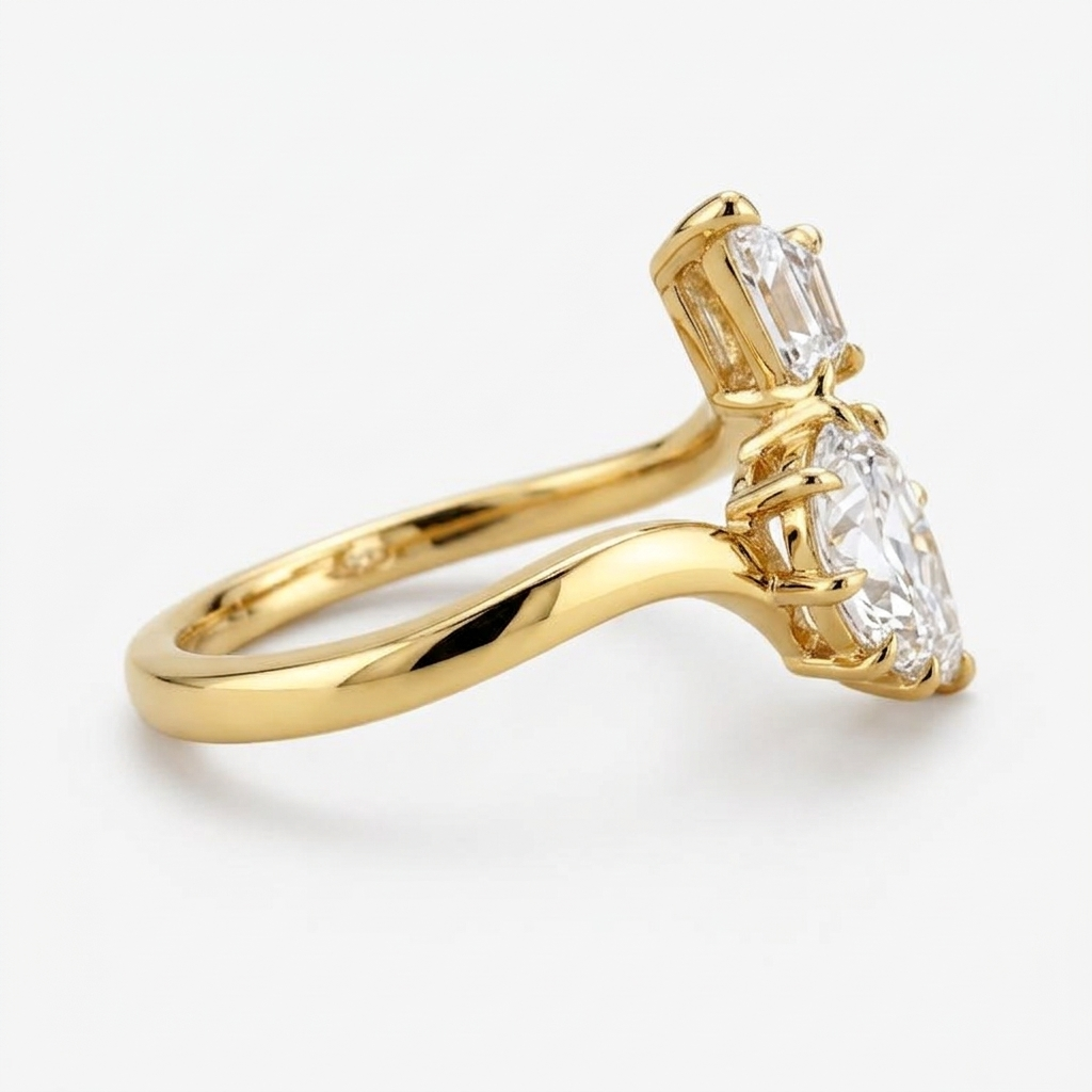 Lab Grown Diamond Step Cut Pear & Kite Cut Bypass Split Shank Engagement Ring IGI Certified in 14K Yellow Gold