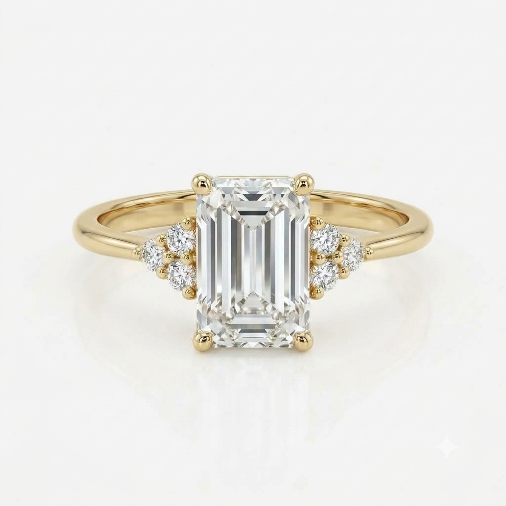 Lab Grown Diamond  Emerald Cut Cluster Side Stone Engagement Ring IGI Certified in 14K Yellow Gold