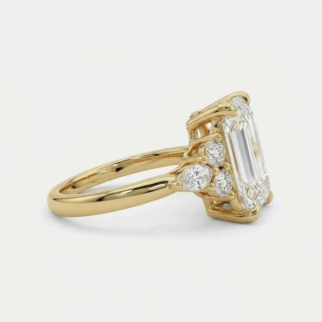 Lab Grown Diamond Emerald Cut Engagement Ring with Marquise & Round Side Stones IGI Certified in 14K Yellow Gold