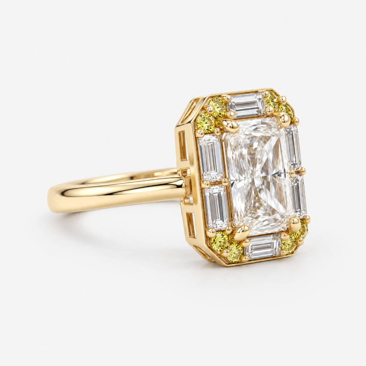 Radiant Cut Lab Grown Diamond Ring with Green Gemstone Accents in 14K Yellow Gold