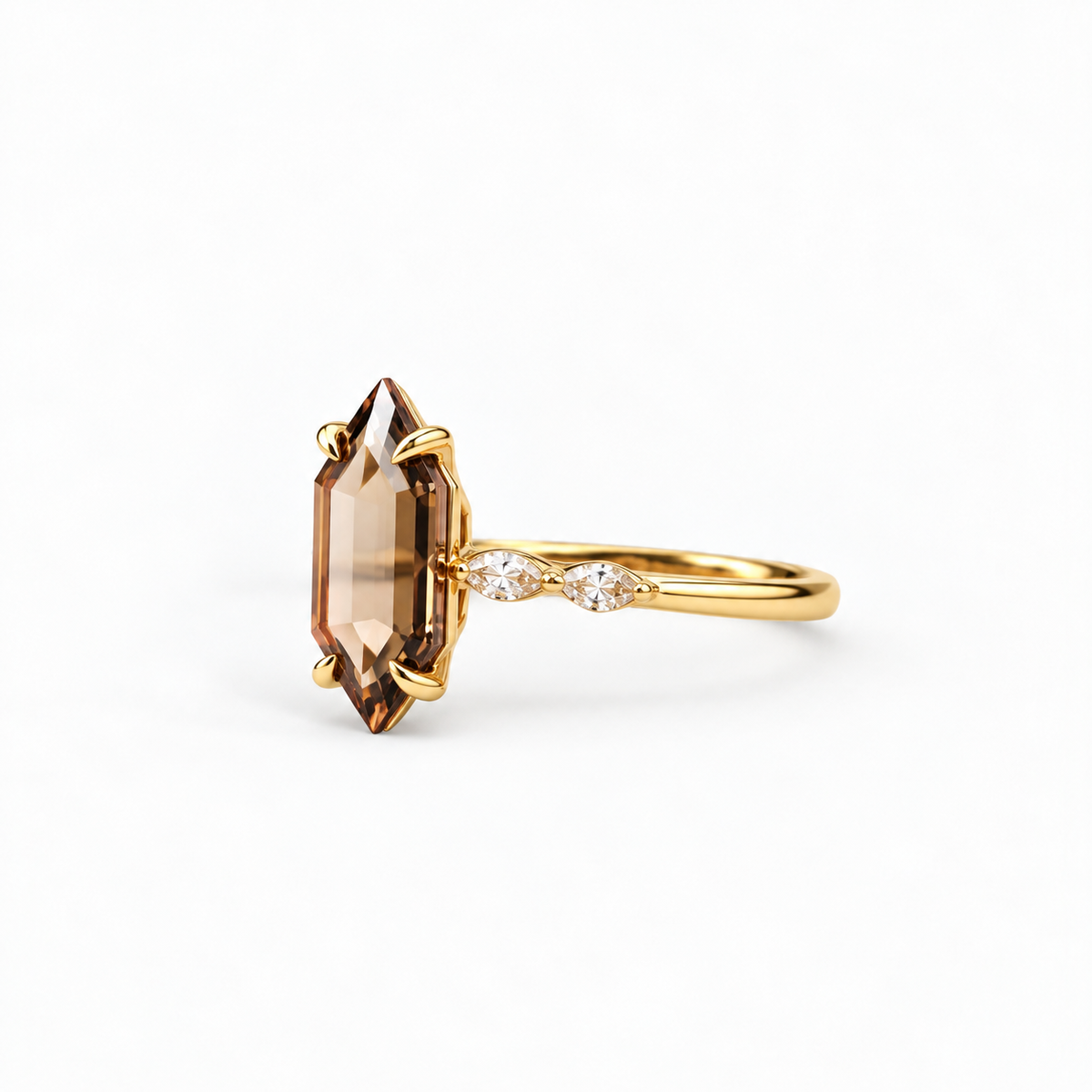 Lab Grown Diamond Champagne Elongated Hexagon Portrait Cut Marquise Side Accent Band Engagement Ring IGI Certified in 14K Yellow Gold