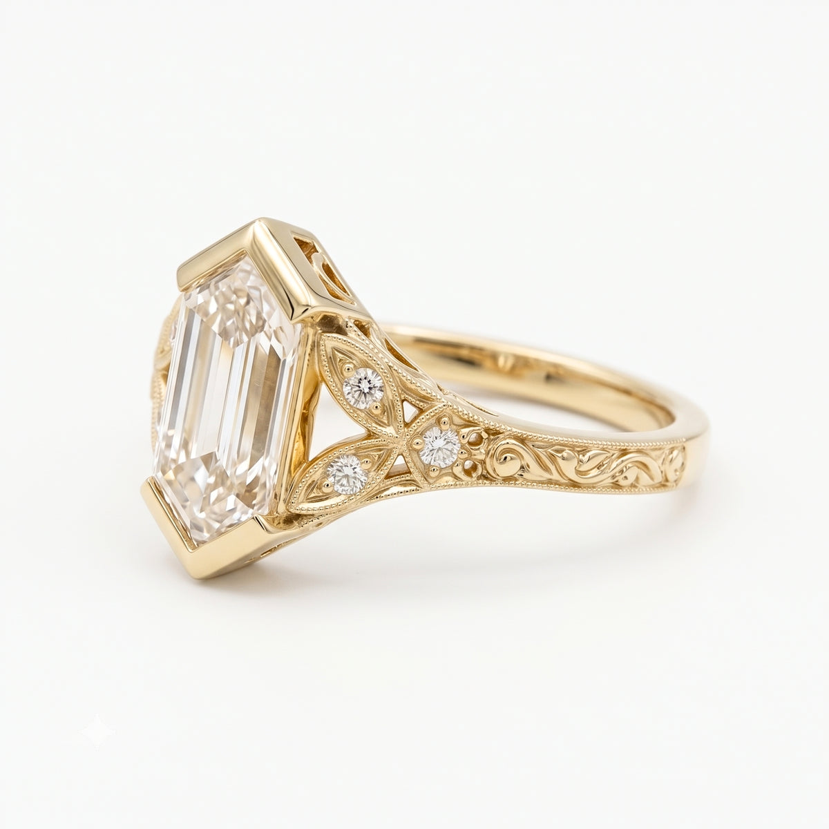 Lab Grown Diamond Elongated Hexagon Step Cut Vintage Filigree Engraved Bezel Engagement Ring with Round Side Accents IGI Certified in 14K Yellow Gold