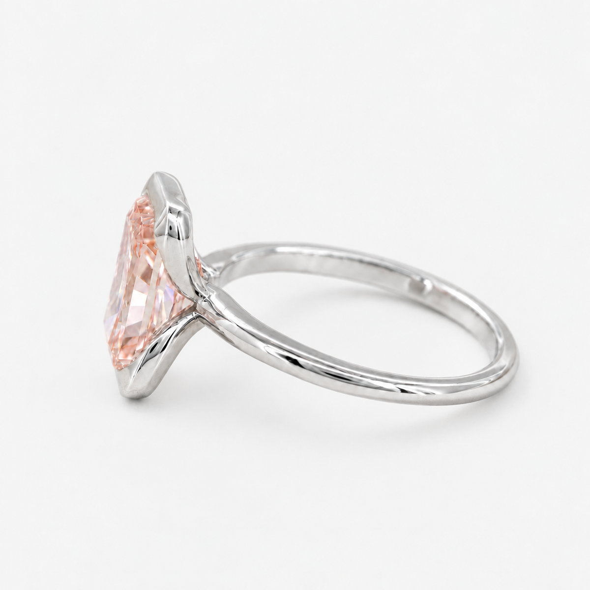 Lab Grown Diamond Fancy Pinkish Peach Radiant Cut Half Bezel Floating Frame Solitaire Engagement Ring IGI Certified in 14K Yellow Gold