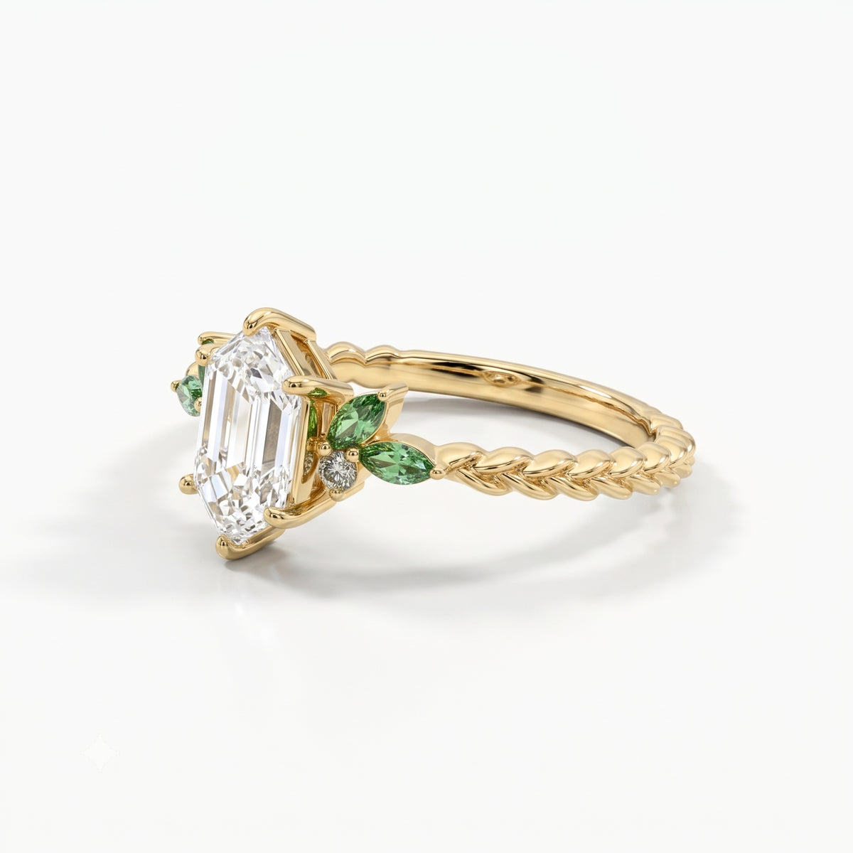 Lab Grown Diamond Elongated Hexagon Step Cut Twisted Braided Rope Engagement Ring with Green Marquise & Round Side Cluster IGI Certified in 14K Yellow Gold