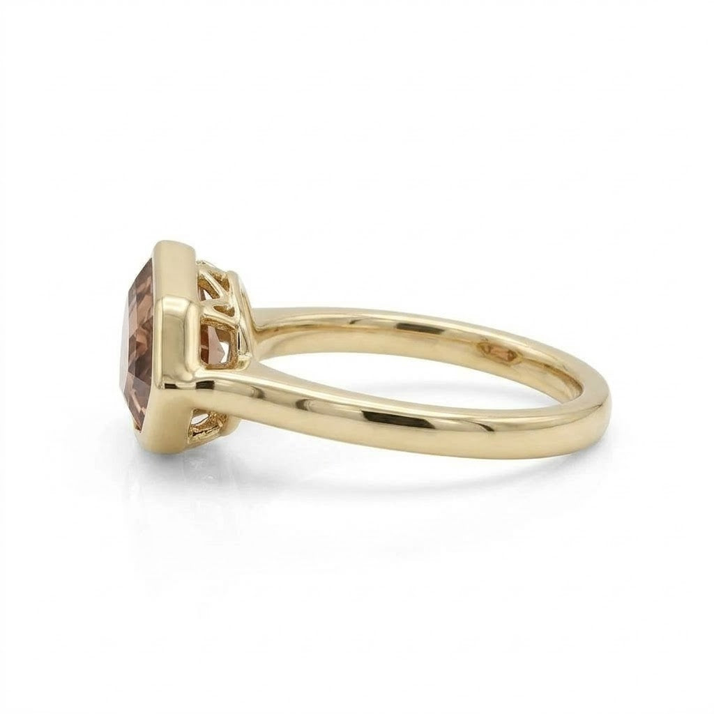 Lab Grown Diamond Fancy Champagne Step Cut Marquise East-West Full Bezel Set Solitaire Engagement Ring IGI Certified in 14K Yellow Gold