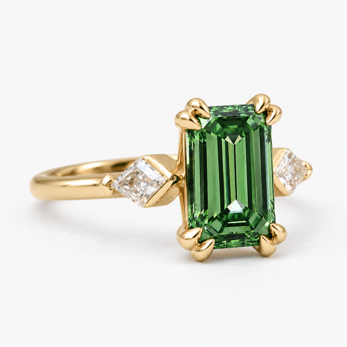 Lab Grown Green Emerald Cut Three Stone Engagement Ring with Trillion Diamond Side Accents in 14K Yellow Gold