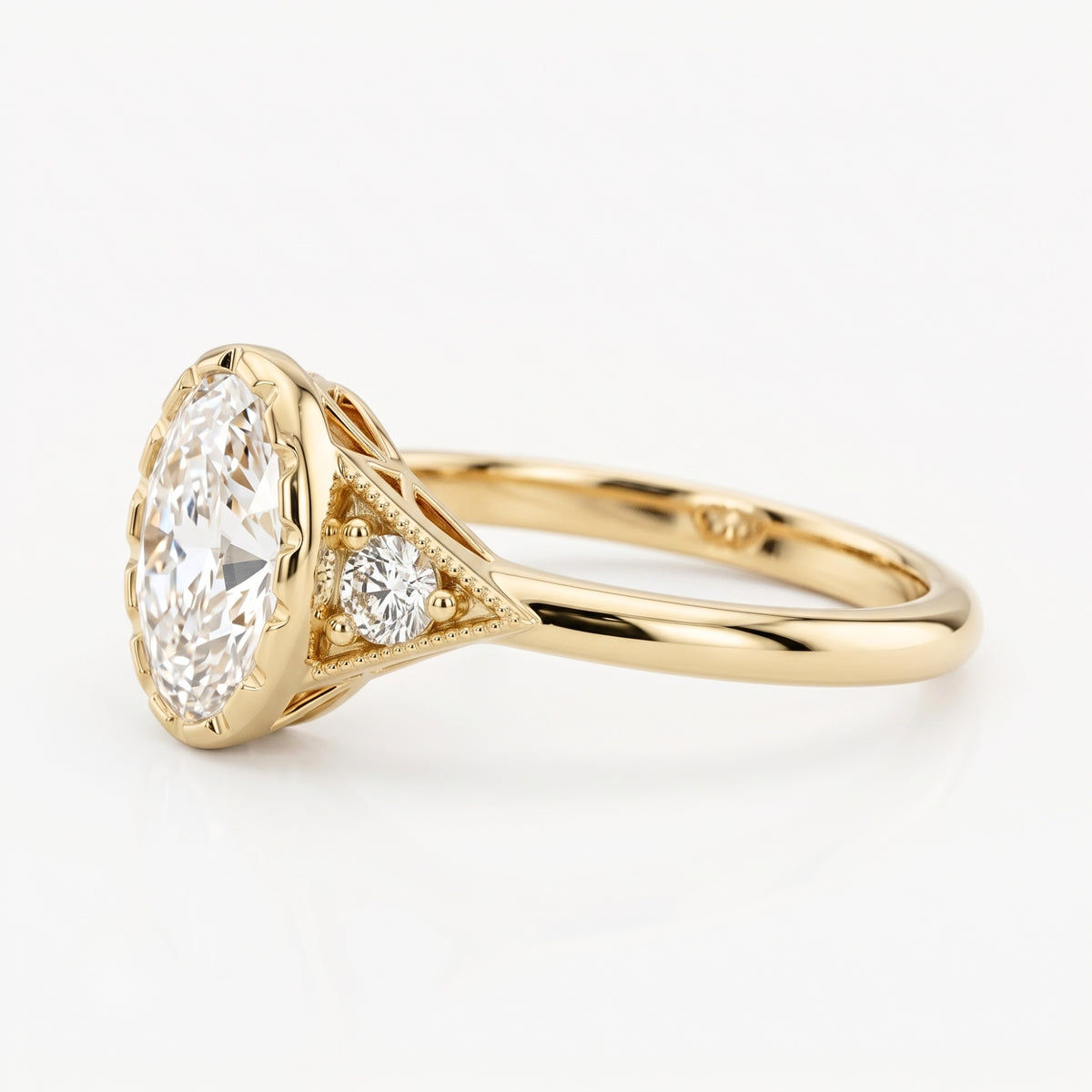 Lab Grown Diamond Oval Cut Vintage Milgrain Bezel Three-Stone Engagement Ring with Round Side Accents IGI Certified in 14K Yellow Gold