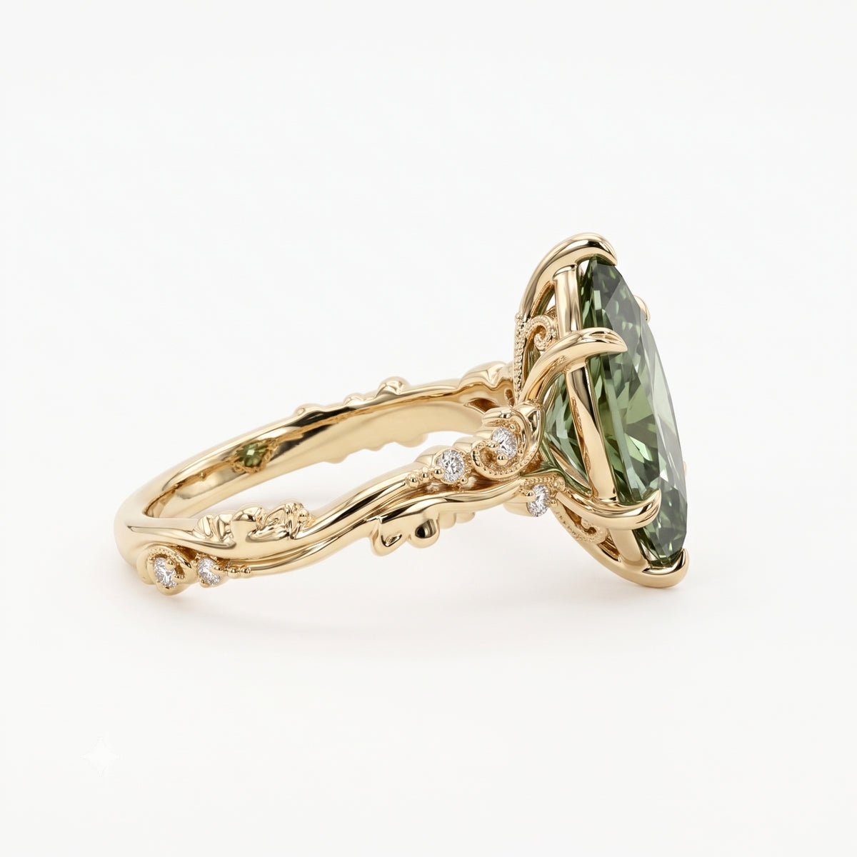 Lab Grown Diamond Green Dutch Marquise Cut with Round Diamond Side Accents in Nature-Inspired Vine Engraved Band Engagement Ring IGI Certified in 14K Yellow Gold