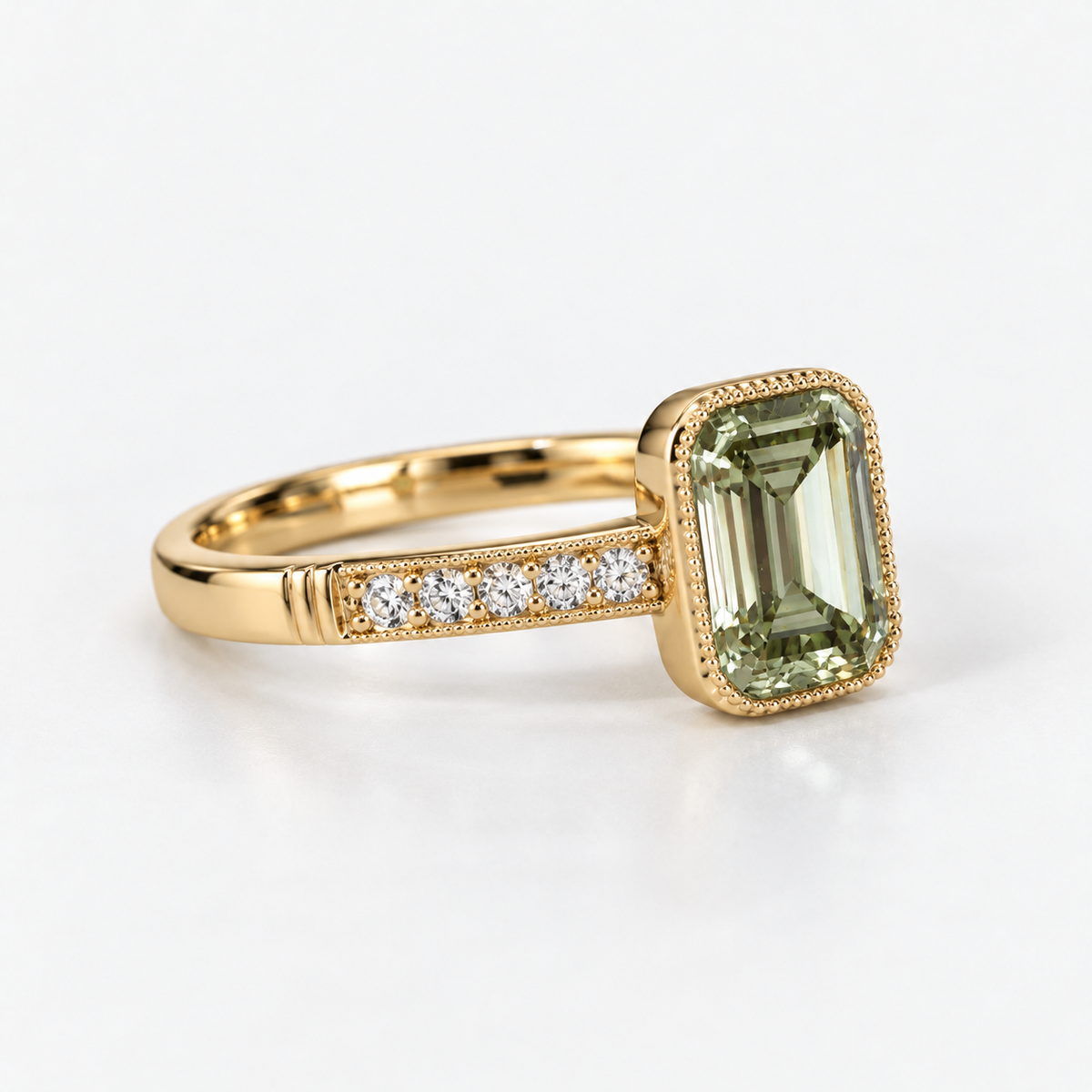 Lab Grown Diamond Emerald Cut Olive Green Lab Grown Diamond Vintage Milgrain Bezel Set Engagement Ring with Pavé Diamond Band in 14K Yellow Gold