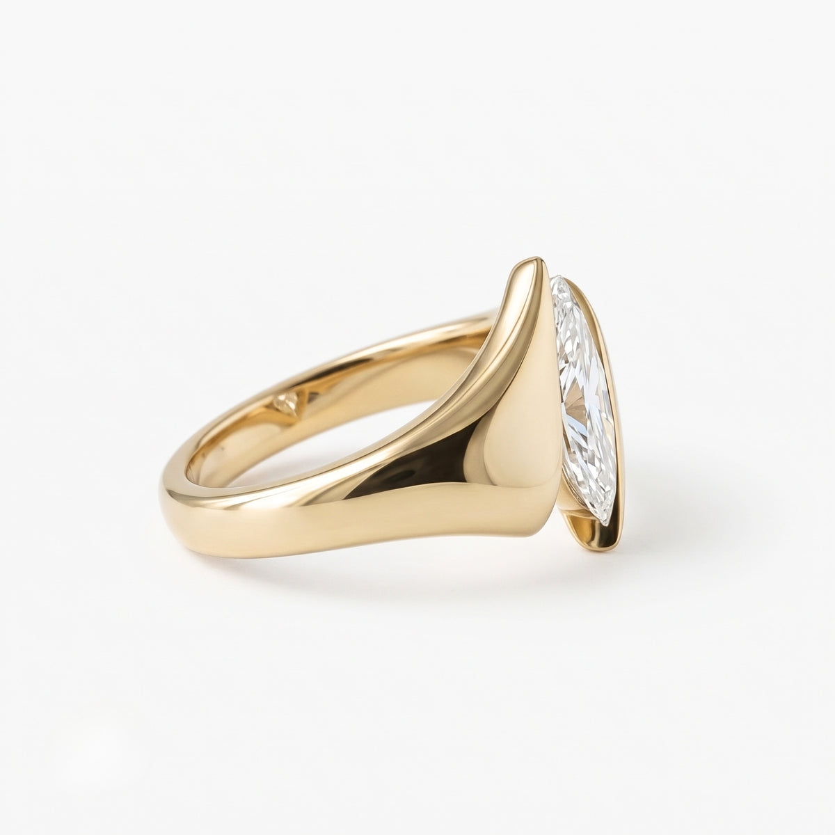Lab Grown Diamond Marquise Cut Sculptural Winged Asymmetric Bypass Solitaire Engagement Ring IGI Certified in 14K Yellow Gold