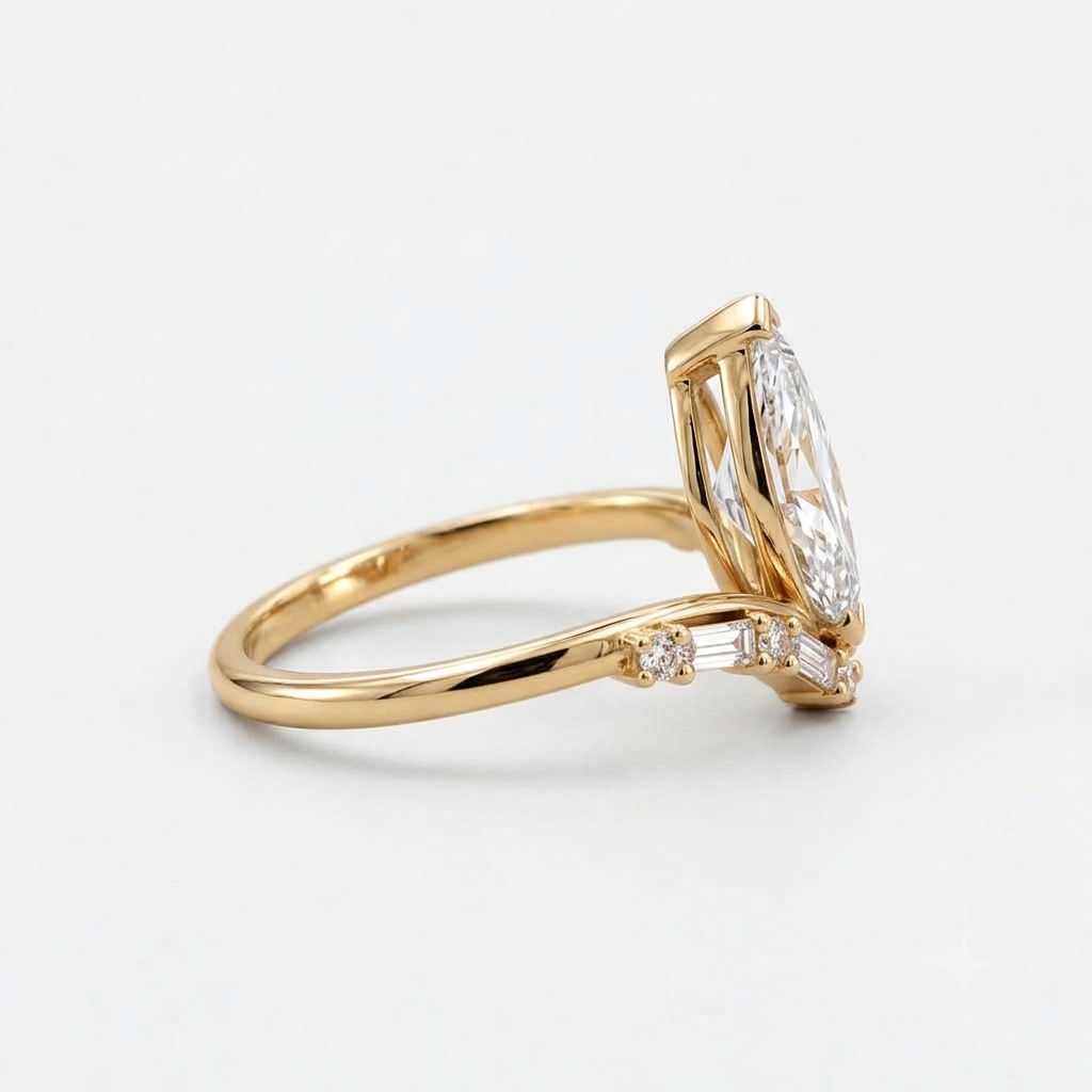 Lab Grown Diamond Marquise Step Cut Curved Chevron V-Band Baguette and Round Accent Engagement Ring IGI Certified in 14K Yellow Gold
