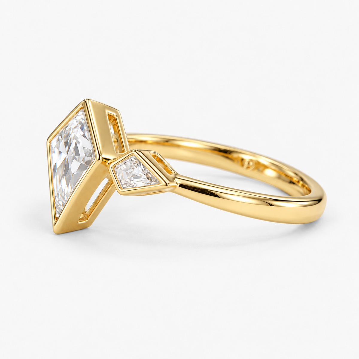 Lab Grown Diamond Kite Cut Bezel Three-Stone Ring with Kite Side Accents Engagement Ring IGI Certified in 14K Yellow Gold