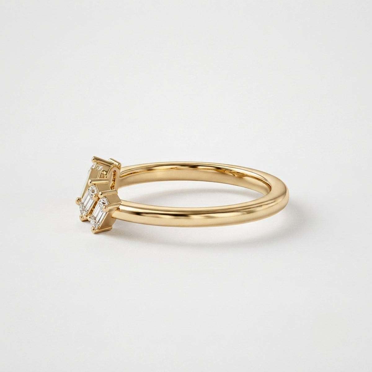 Lab Grown Diamond Baguette Cut Open Chevron Wedding Band with Geometric Diamond Accents in 14K Yellow Gold