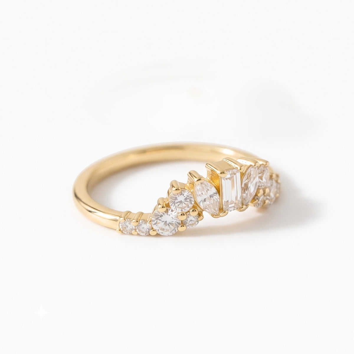 Lab Grown Diamond   Emerald Cut with Marquise and Round Diamond Accents Floral Cluster Wedding   Band in 14K Yellow Gold