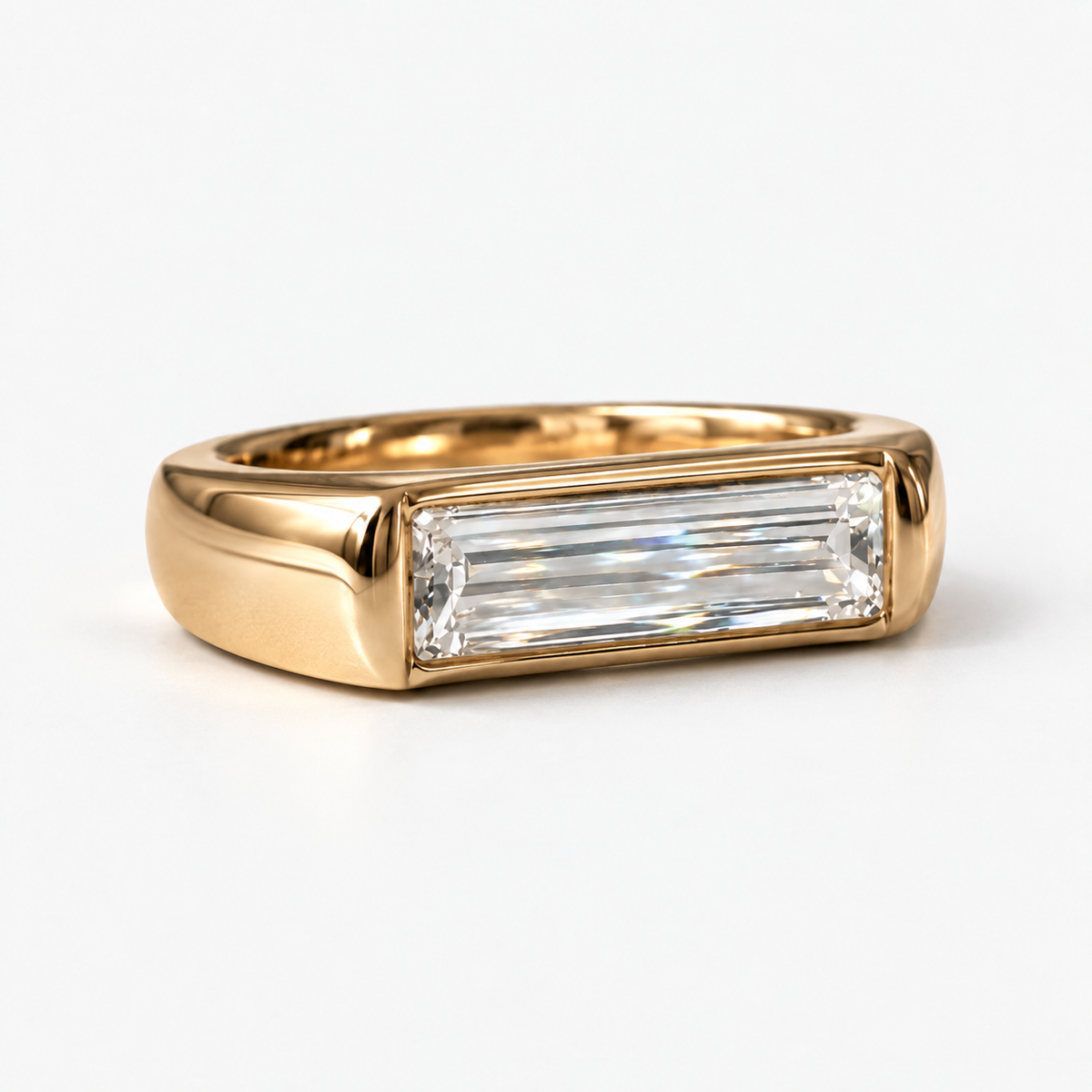 Lab Grown Diamond Straight Baguette Cut East-West Flush Bezel Thick Signet Band Engagement Ring IGI Certified in 14K Yellow Gold