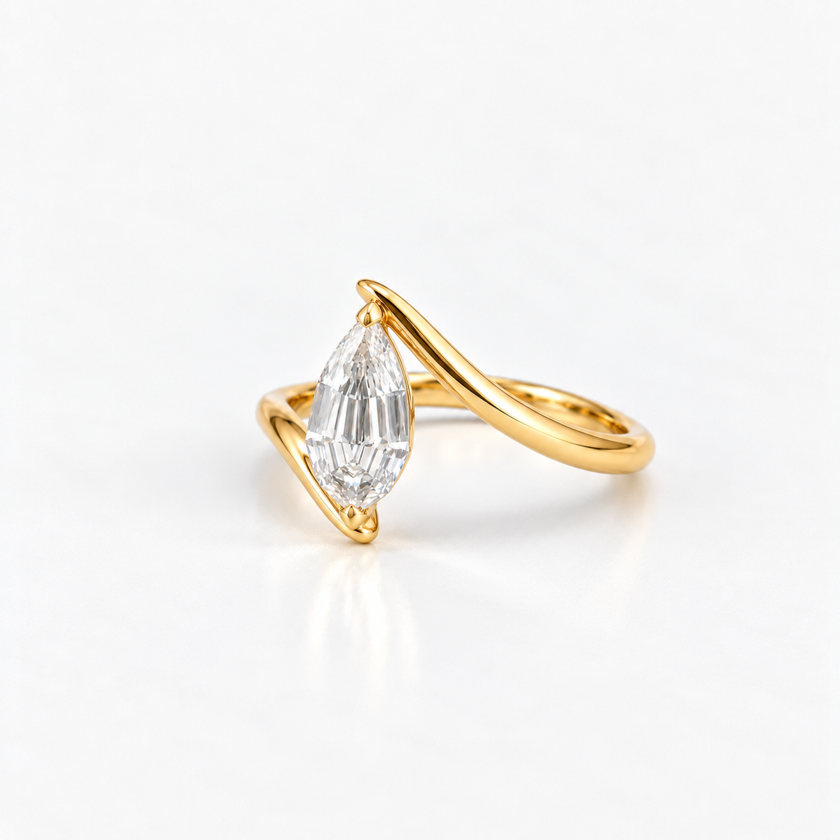 Lab Grown Diamond Pear Step Cut Modern Bypass Wave Solitaire Engagement Ring IGI Certified in 14K Yellow Gold