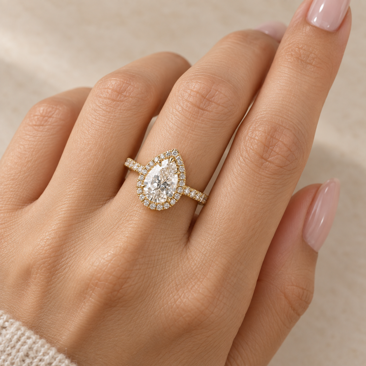 Lab Grown Diamond Pear Cut Halo Engagement Ring with Pavé Diamond Band in 14K Yellow Gold