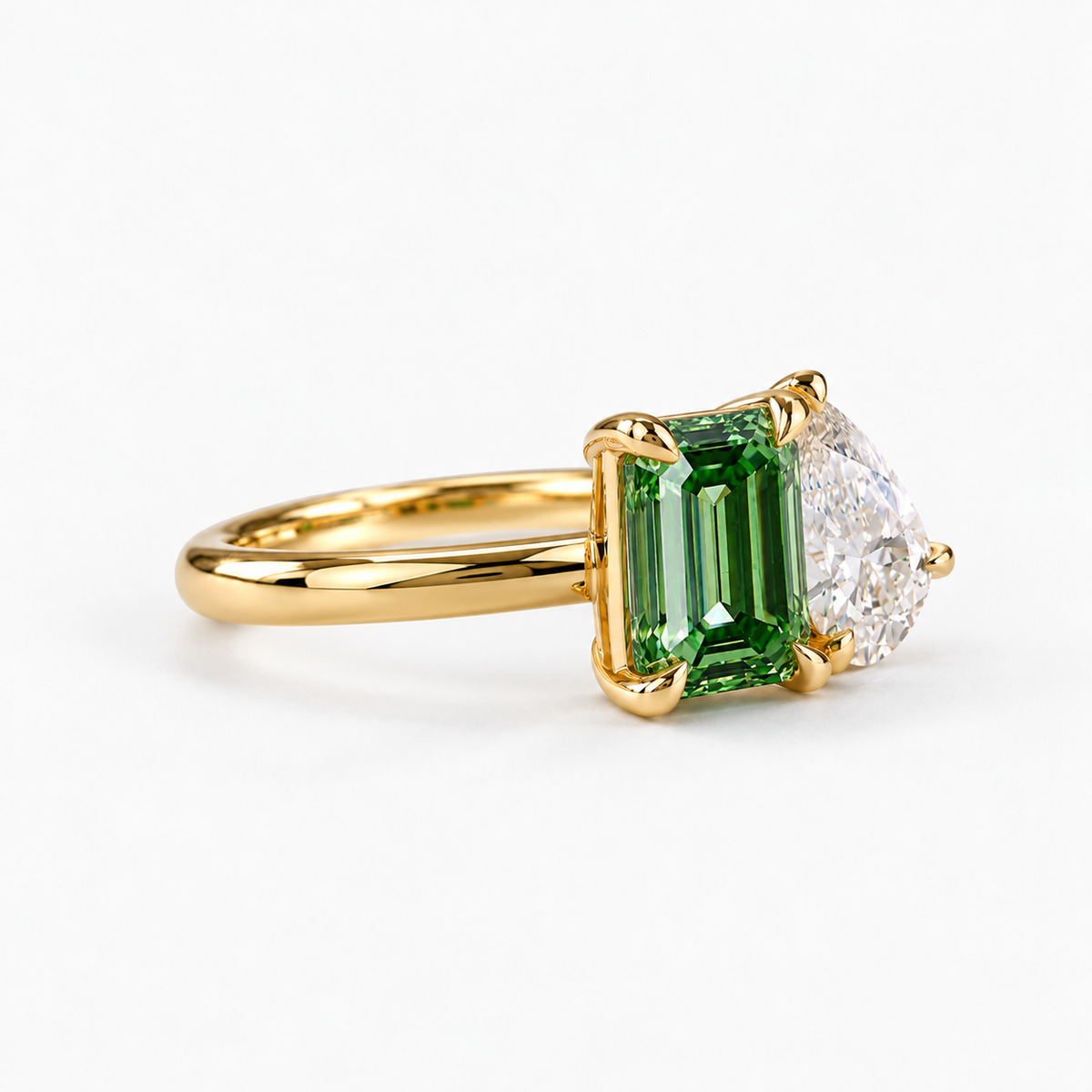 Lab Grown Diamond Emerald Cut Green & Pear Cut White Lab Grown Diamond Toi et Moi Two Stone Engagement Ring in 14K Yellow Gold