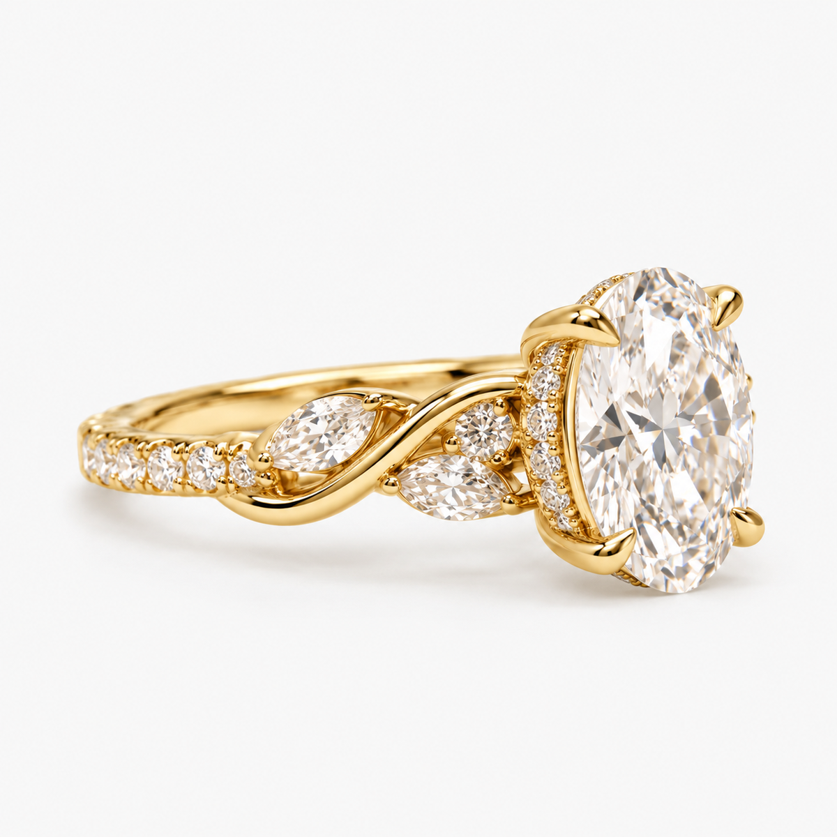 Oval Cut Lab Grown Diamond Engagement Ring with Twisted Pavé Band in 14K Yellow Gold