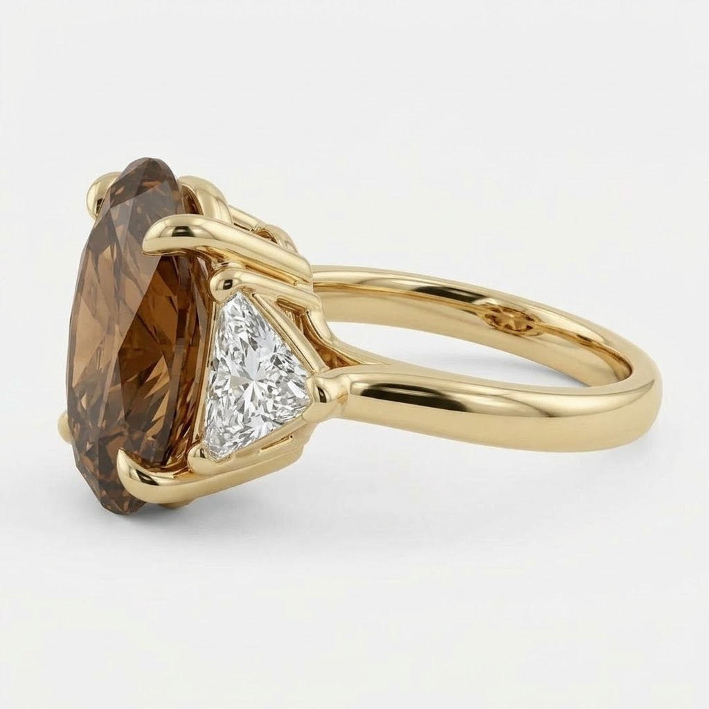 Lab Grown Diamond Fancy Champagne Oval Brilliant Cut Three-Stone Trillion Side Accent Engagement Ring IGI Certified in 14K Yellow Gold