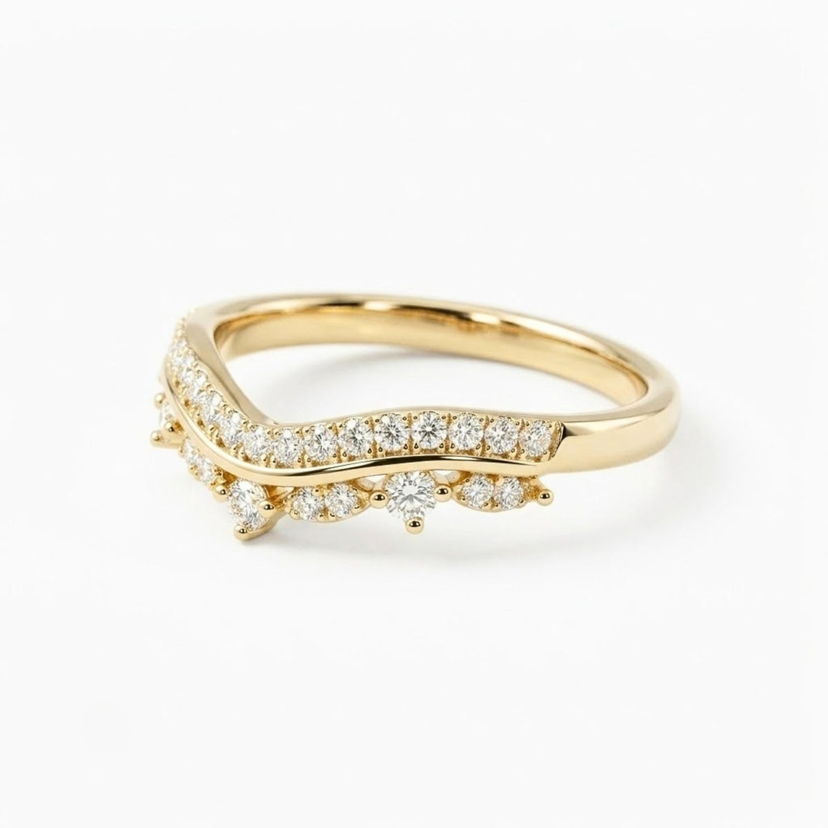 Lab Grown Diamond   Curved Chevron Pave Wedding Band with Round Diamond Accents in 14K Yellow   Gold