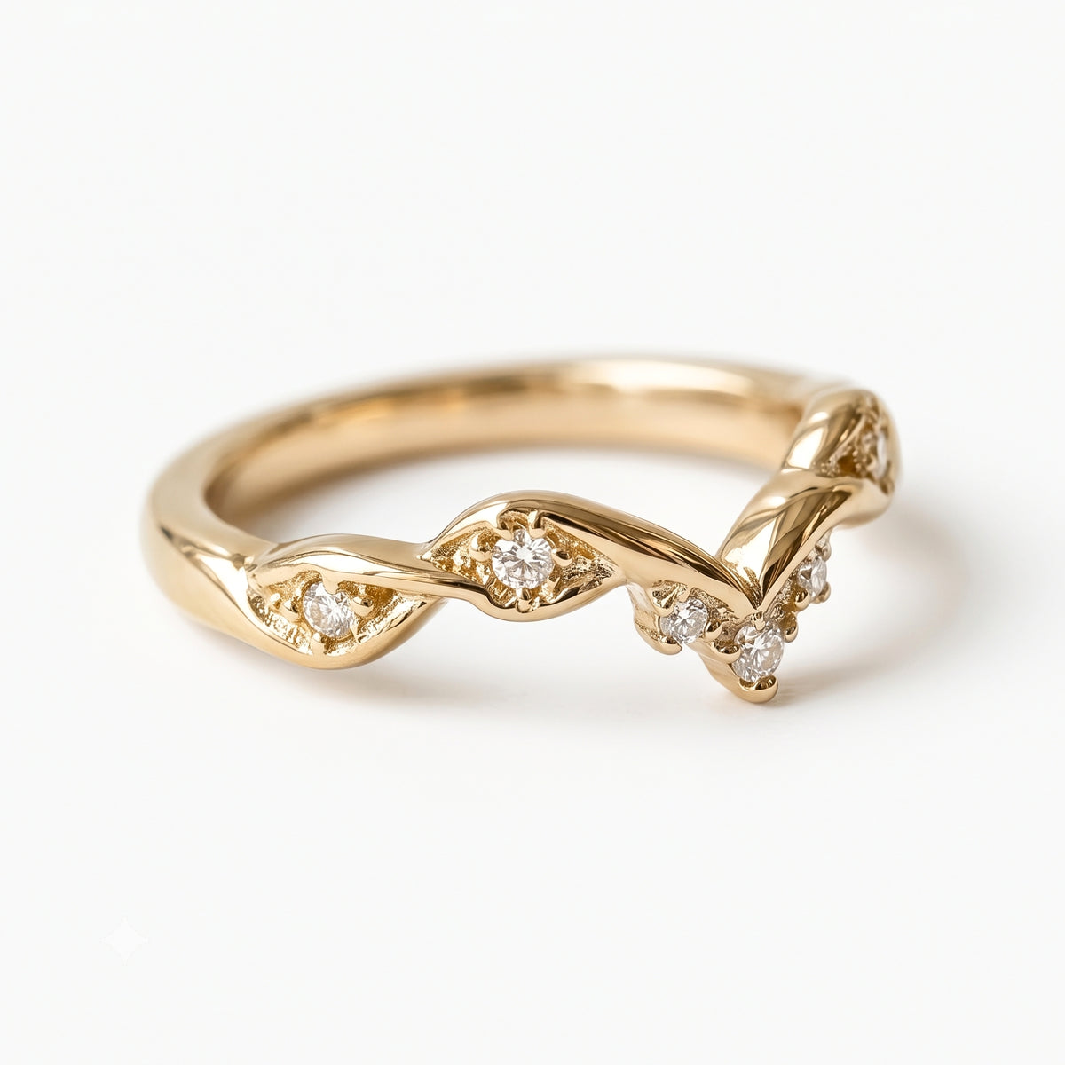Lab Grown Diamond V-Shaped Chevron Wedding Band with Sculptural Gold Design and Round Diamond Accents in 14K Yellow Gold
