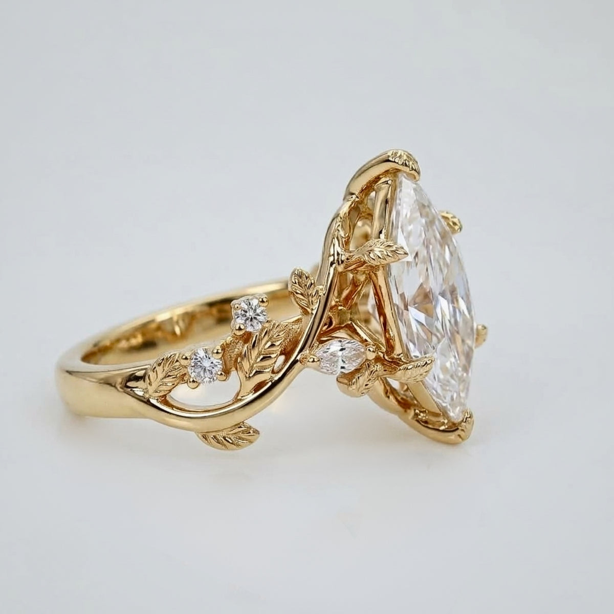 Lab Grown Diamond Dutch Marquise Cut with Marquise & Round Diamond Side Accents in Nature-Inspired Vine Band Engagement Ring IGI Certified in 14K Yellow Gold