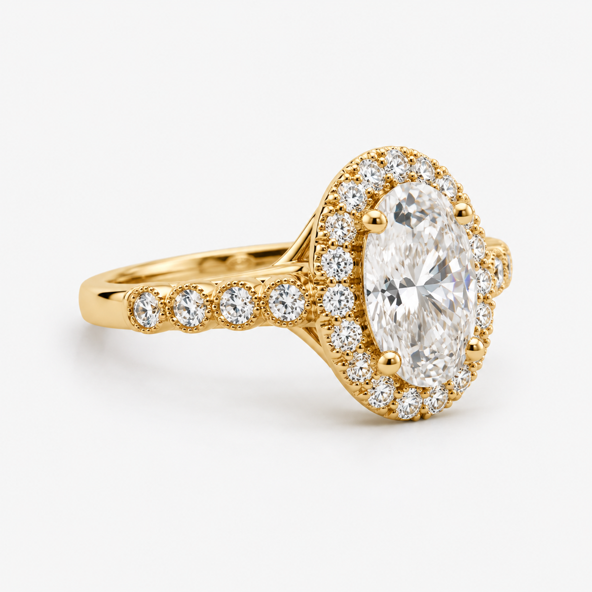 Oval Cut Halo Lab Grown Diamond Engagement Ring with Pavé Band in 14K Yellow Gold