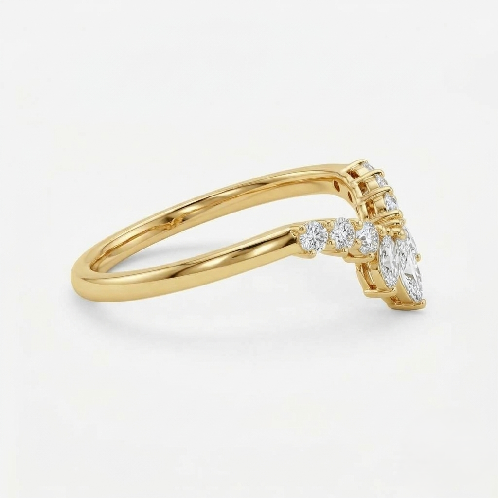 Lab Grown Diamond   Marquise Cut with Round Diamond Side Accents in Pavé Chevron V-Band   Engagement Ring IGI Certified in 14K Yellow Gold